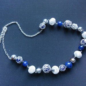 Necklace Chunky Beaded Navy Silver Crystals
